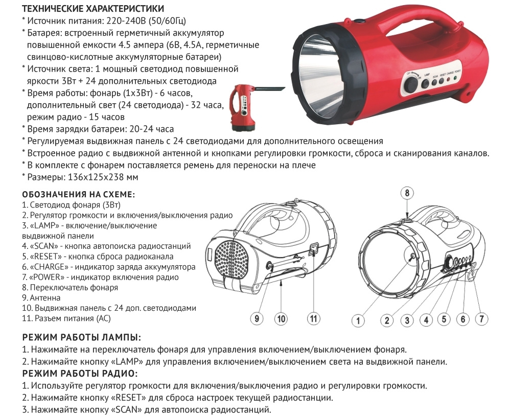 KN-9403RDL LED фонарь радио, 1x3W+24led(БЕЗ СКИДОК)